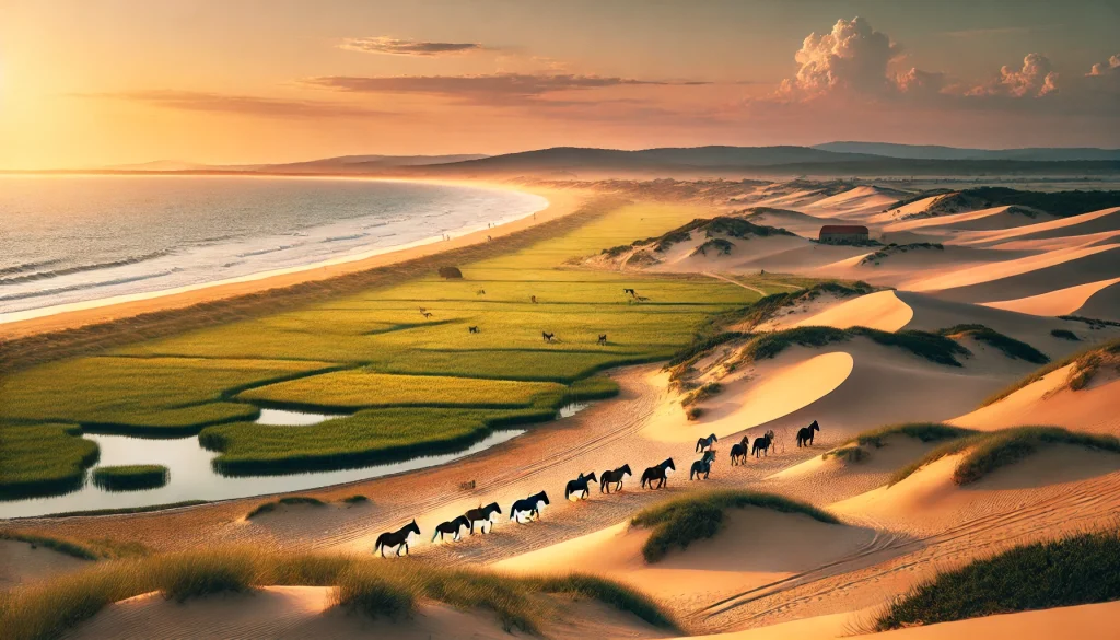 Comporta : Un Joyau Caché – Plage, dunes et chevaux au coucher du soleil
