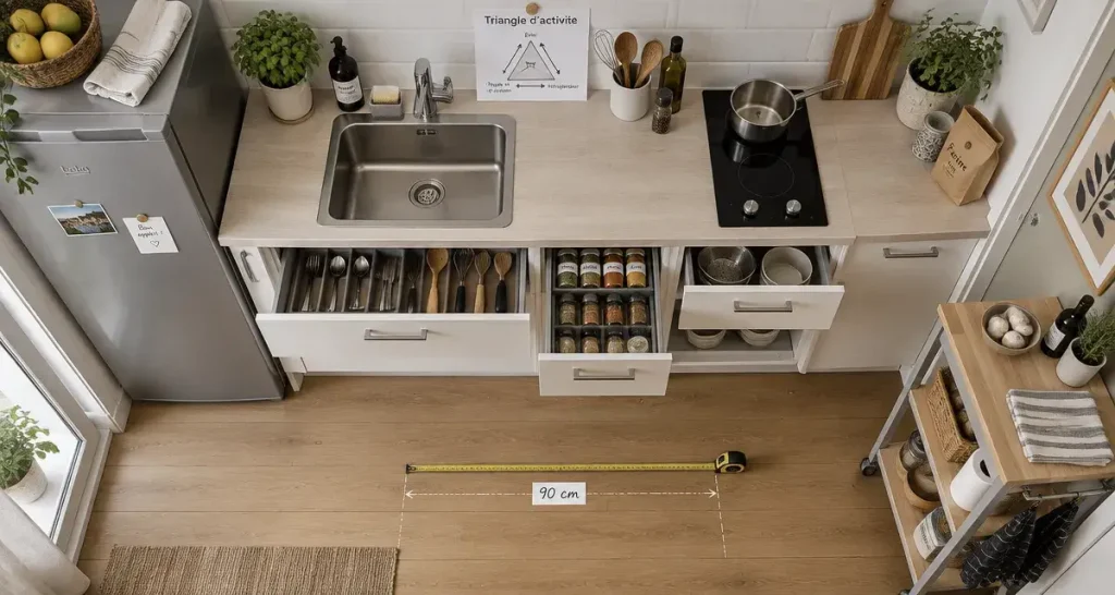 Cuisine pour petit appartement : passage 90 cm et implantation en vue du dessus