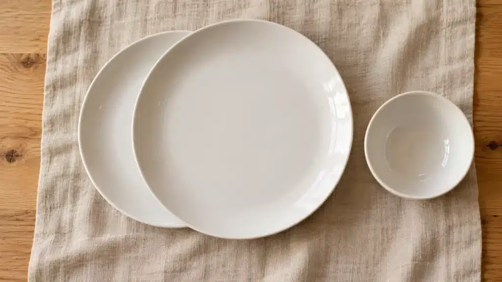 Assiette porcelaine blanche sur table en bois, vue de dessus