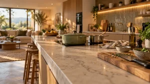 Cuisine aménagée ouverte, plan de travail rangé et nuisances maîtrisées