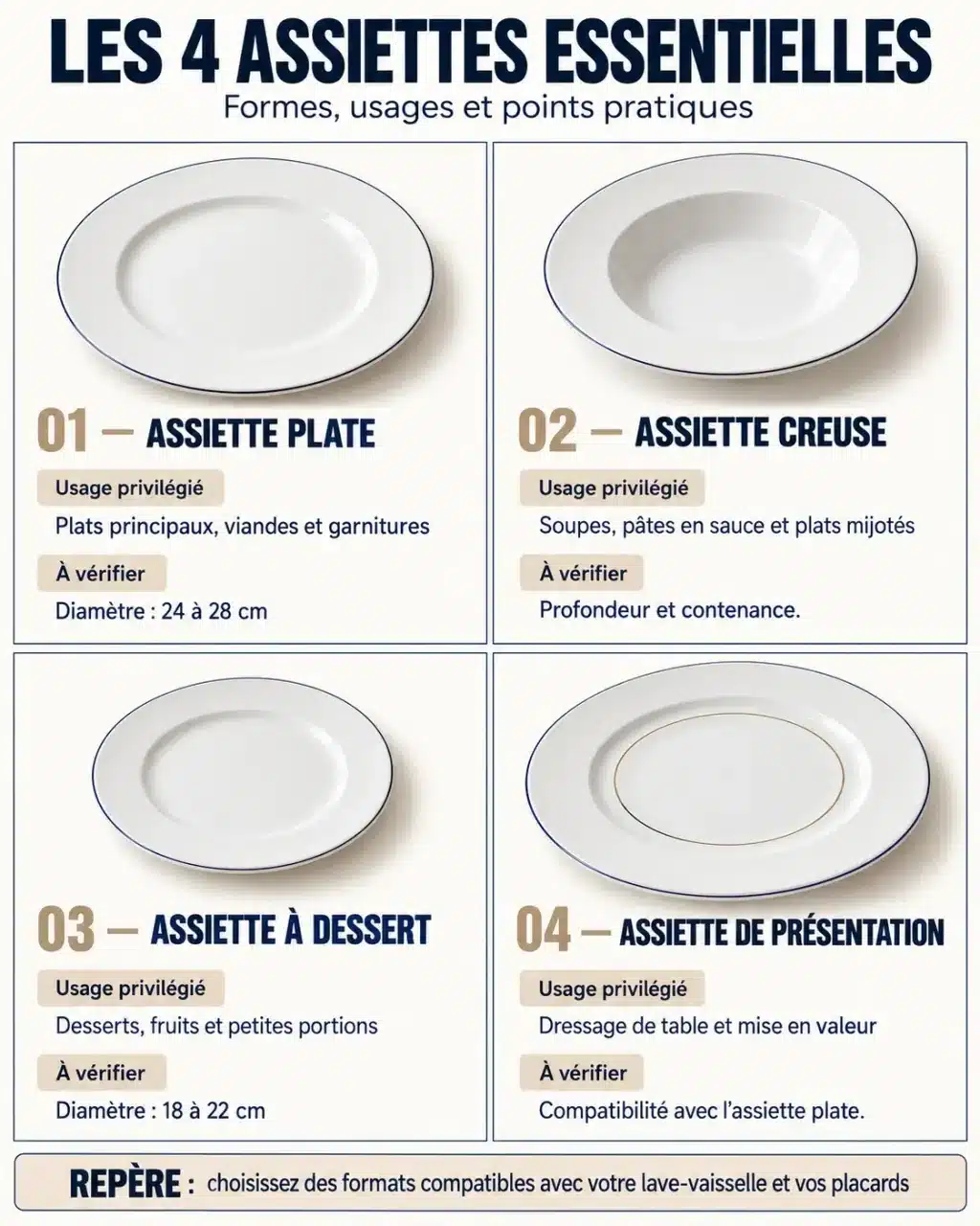 Infographie des types d'assiette porcelaine et de leurs usages