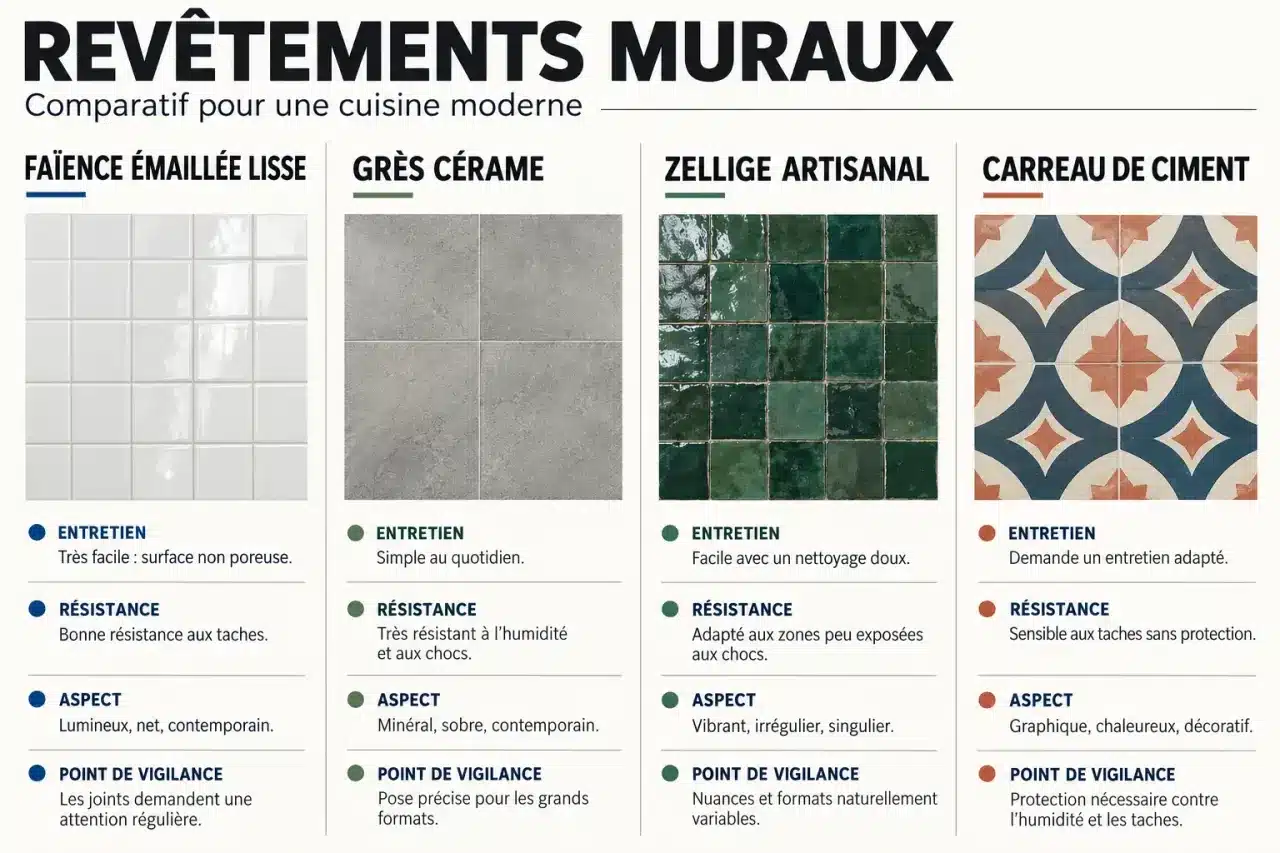 Faïence cuisine moderne : comparaison des revêtements muraux et de leurs contraintes