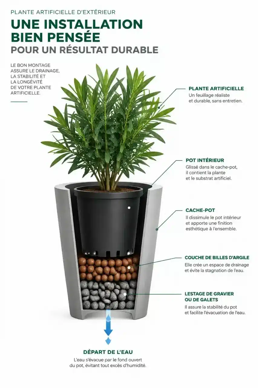 Schéma d'installation d'une plante artificielle extérieur avec drainage et lestage contre le vent