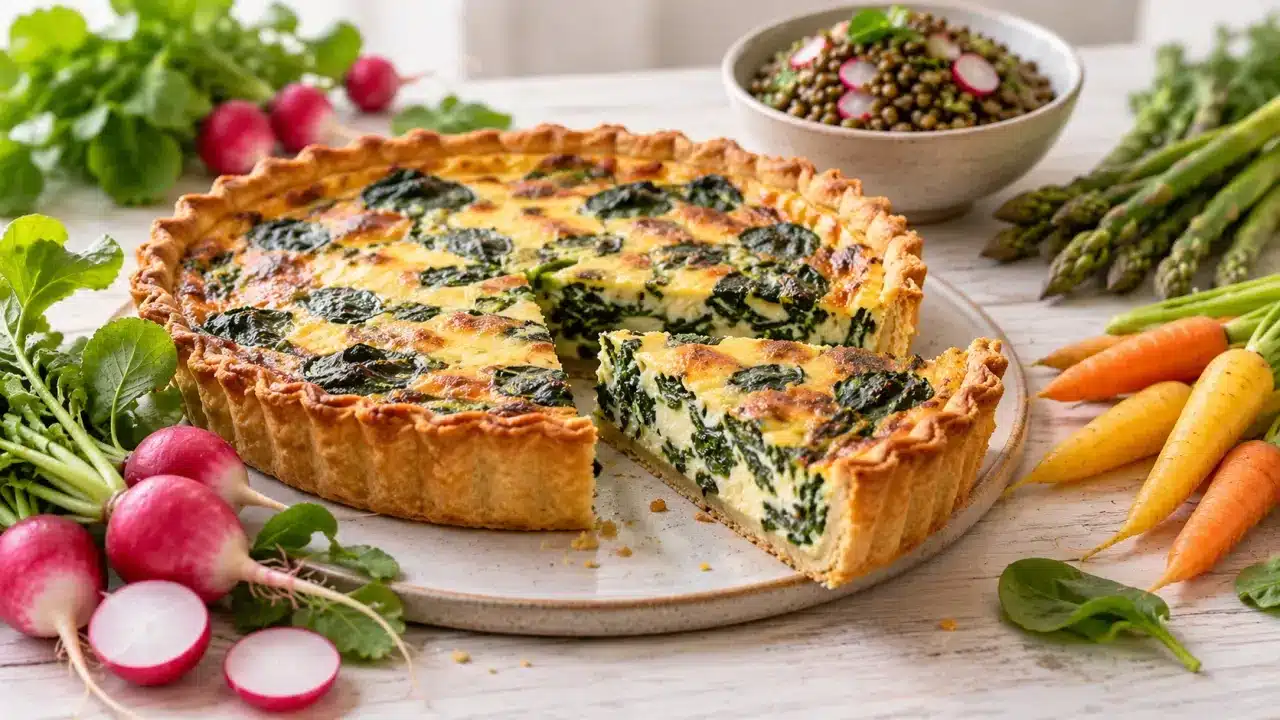 Idées recettes mai : quiche aux épinards accompagnée de légumes printaniers
