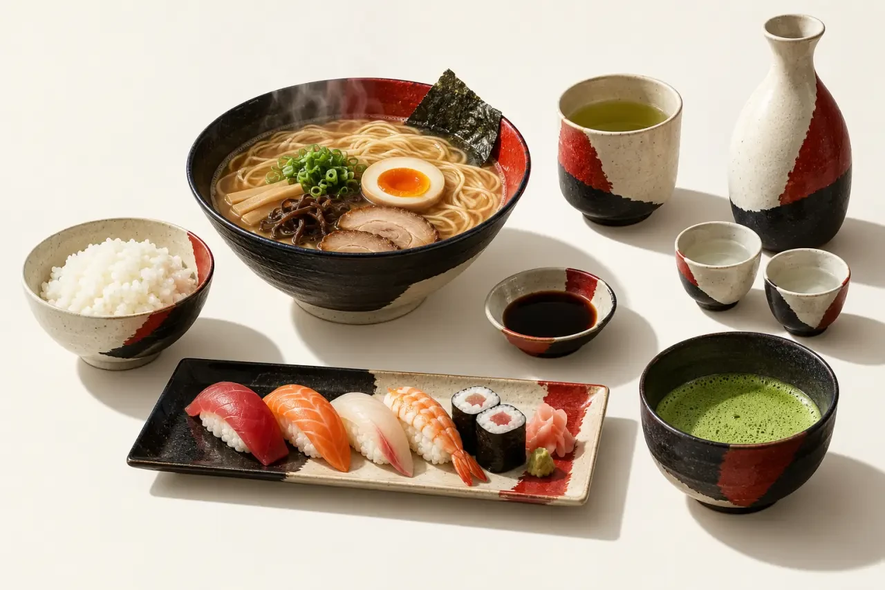 Vaisselle japonaise mise en scène avec bols, assiettes, thé et service à saké