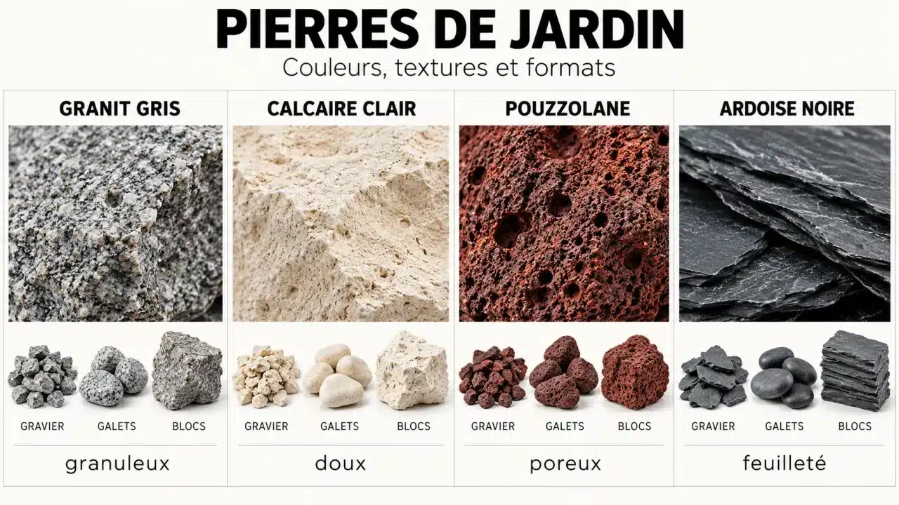 Pierres de décoration jardin comparées par couleurs, textures et formats