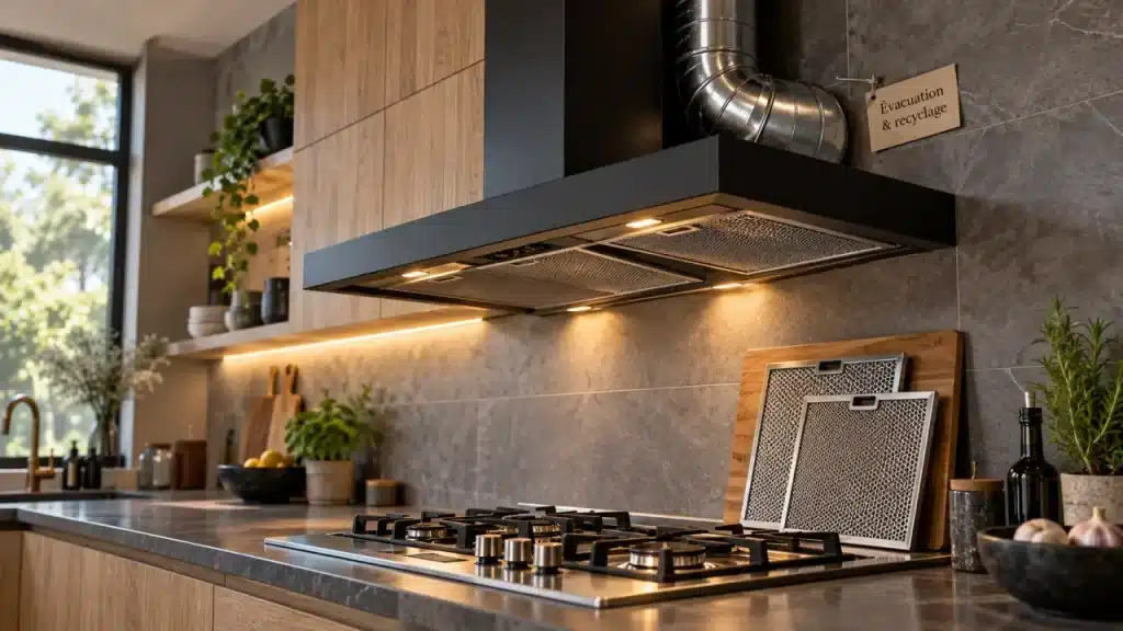 Hotte moderne cuisine noire mate, évacuation et recyclage, vue murale