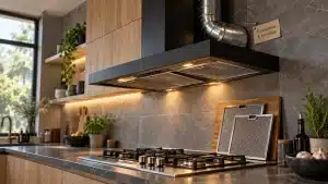 Hotte moderne cuisine noire mate, évacuation et recyclage, vue murale