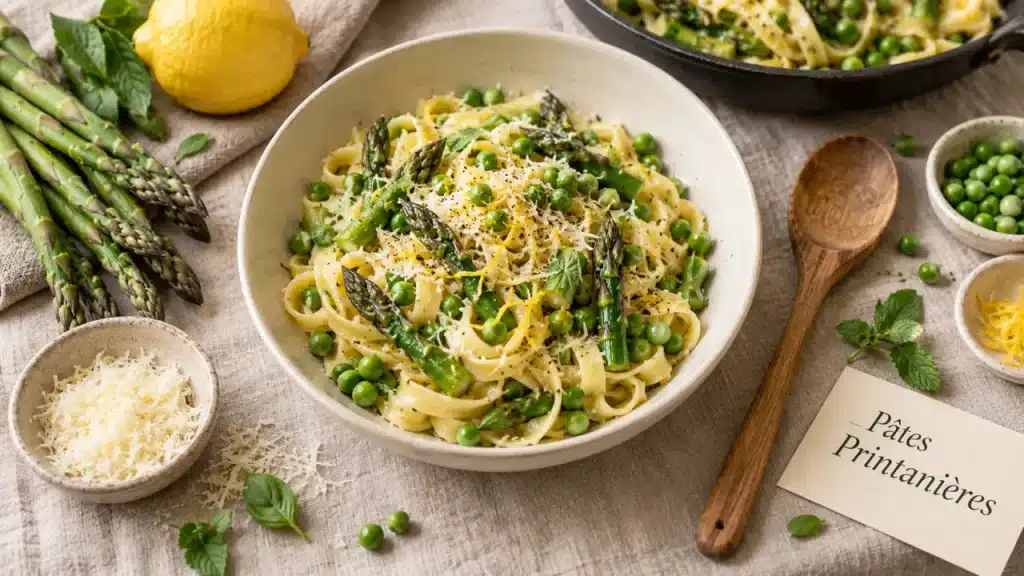 Idées recettes avril : pâtes printanières aux asperges, petits pois et citron