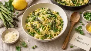 Idées recettes avril : pâtes printanières aux asperges, petits pois et citron