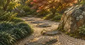 Plante japonaise extérieur : touffe d’ophiopogon et érable japonais en jardin