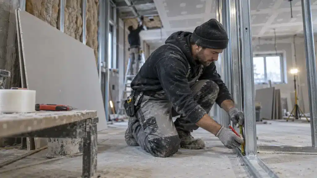 Plaquiste platrier posant une cloison en plaques de plâtre sur chantier