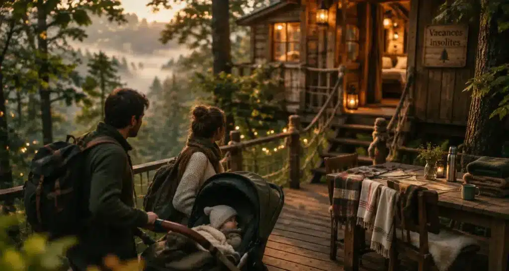 Vacances famille originales : famille avec bébé en poussette devant une cabane perchée