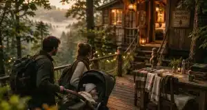 Vacances famille originales : famille avec bébé en poussette devant une cabane perchée